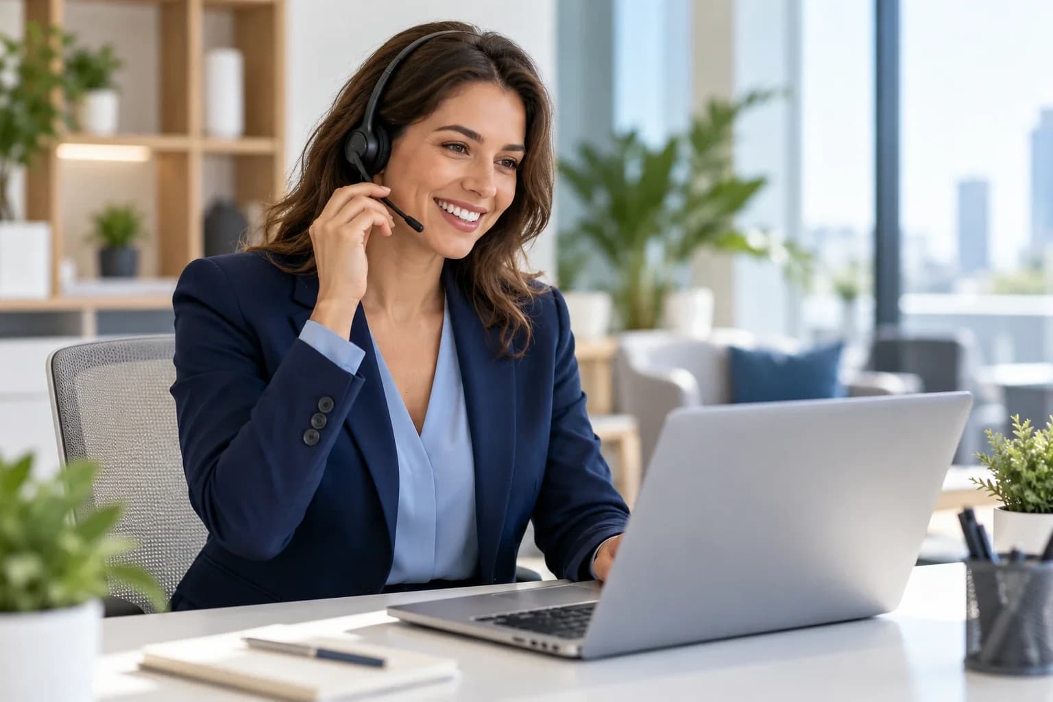 Une conseillère souriante en ligne avec un client, casque sur la tête