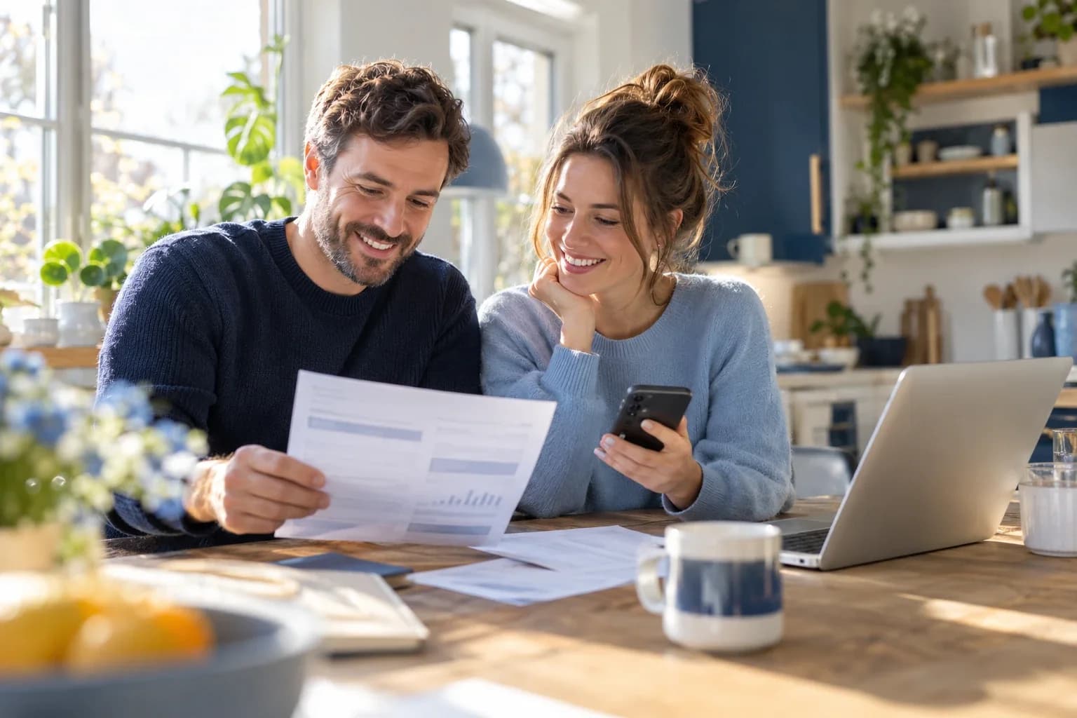 Un couple compare sa facture d'énergie sur la table de la cuisine, téléphone et ordinateur à côté
