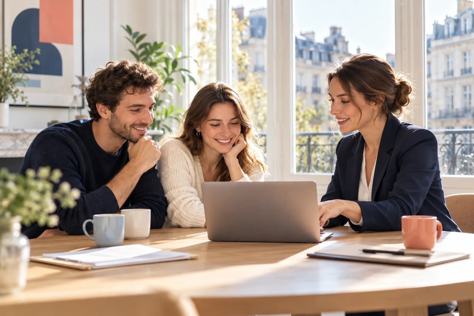 Une conseillère présente une offre sur un ordinateur portable à un couple, autour d'une table