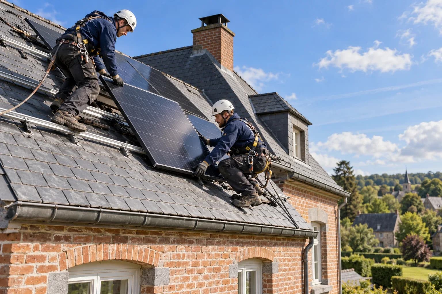 Deux techniciens posent des panneaux solaires sur le toit en ardoise d'une maison en briques